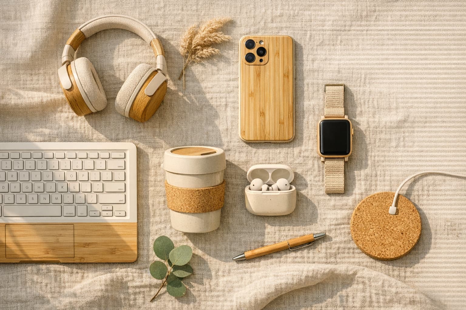 Premium eco-friendly personal technology products flat lay on natural linen