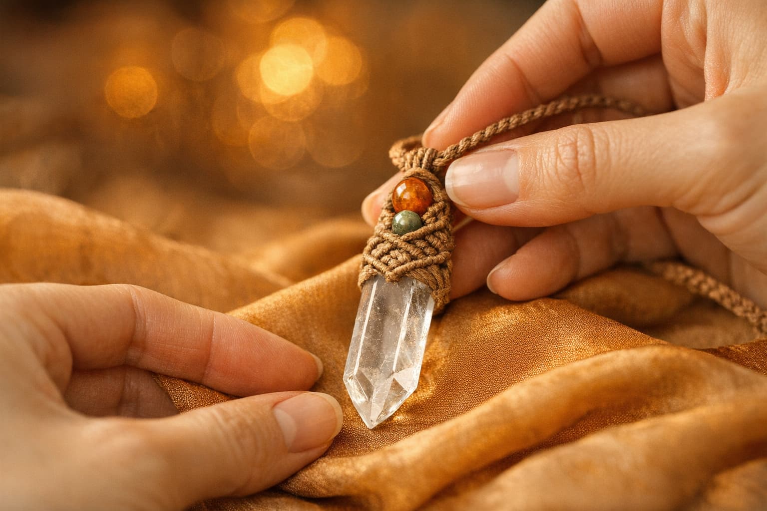 Hands placing eco-friendly spiritual crystal pendant on natural silk
