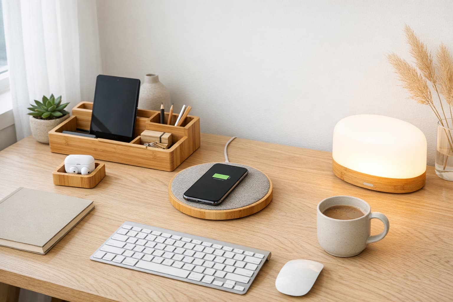 Minimalist home office with sustainable innovative technology products