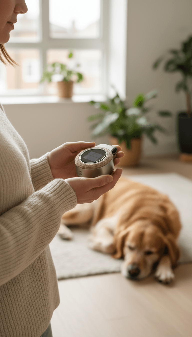 Person demonstrating eco-friendly pet technology product