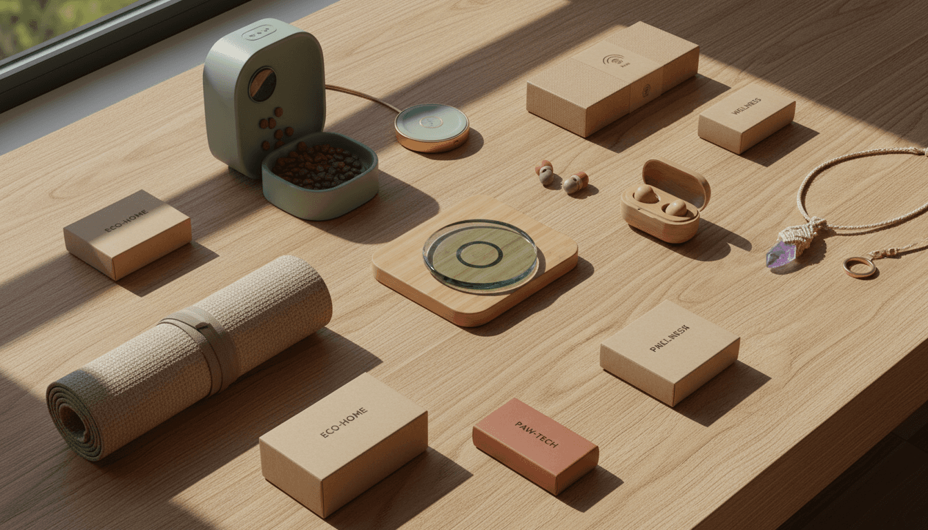 Curated collection of eco-friendly innovative products arranged on natural wood with soft natural lighting