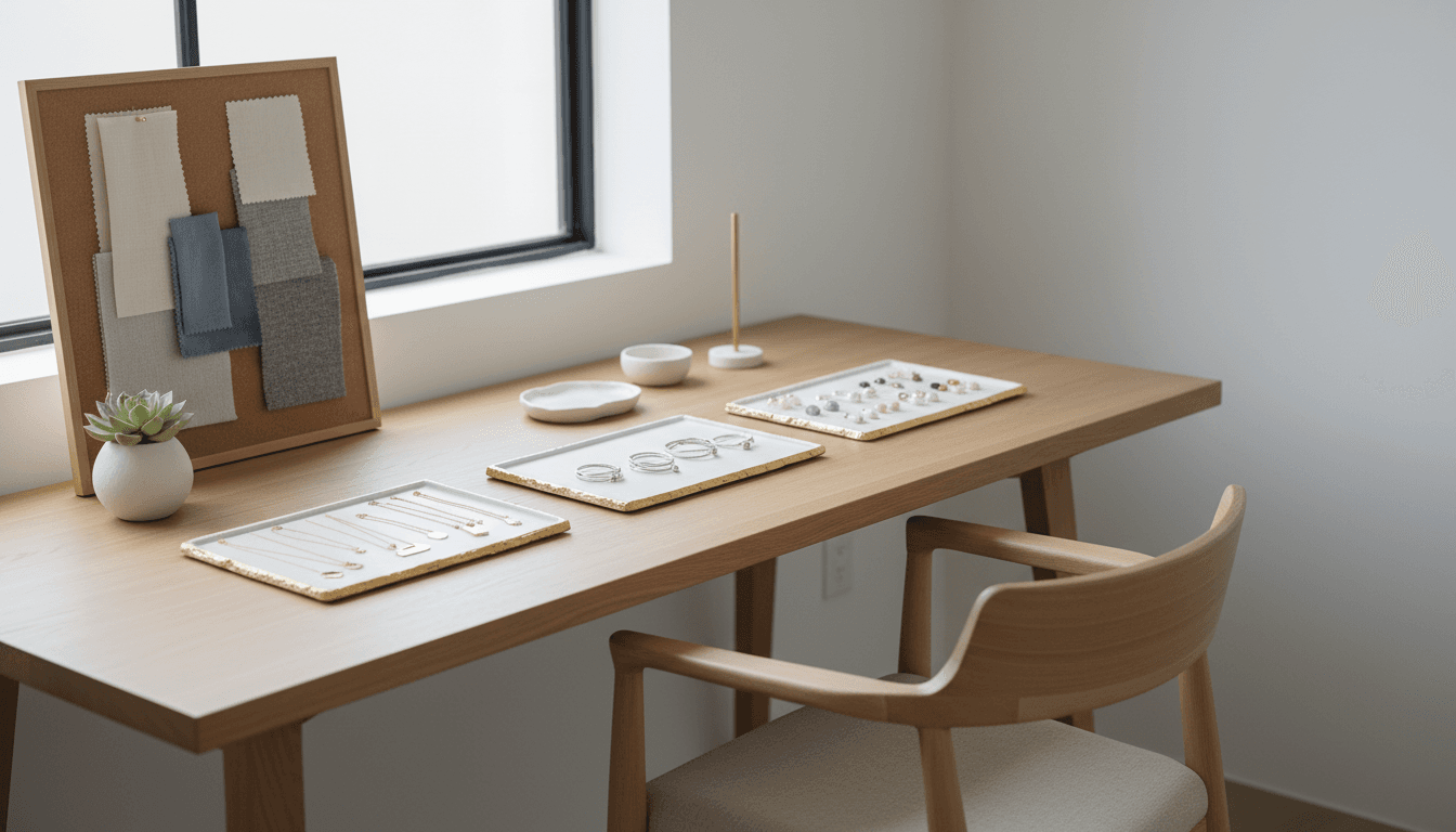 Hand reaching for spiritual eco-friendly jewelry at a minimalist workspace