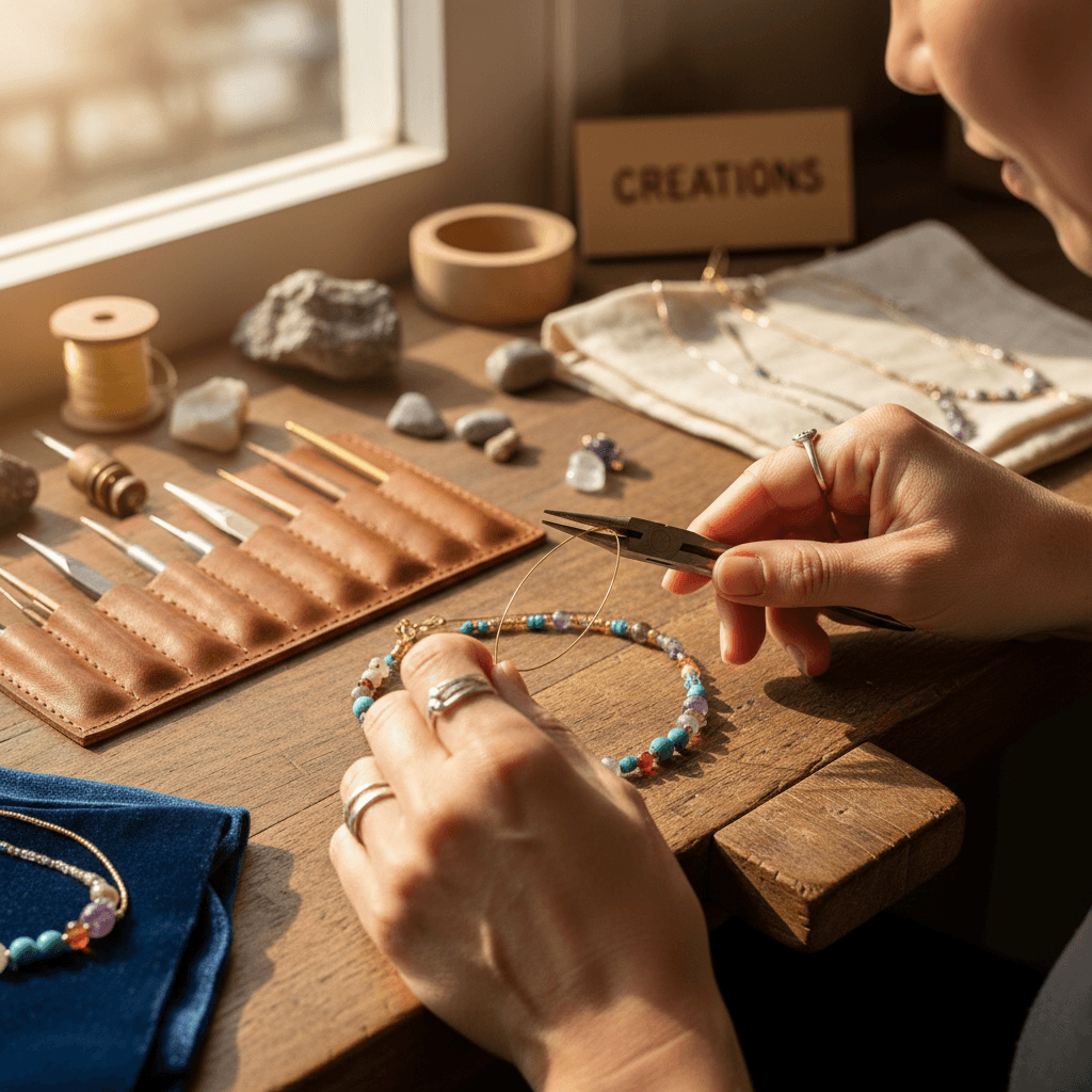 Eco-friendly spiritual jewelry displayed on natural wood