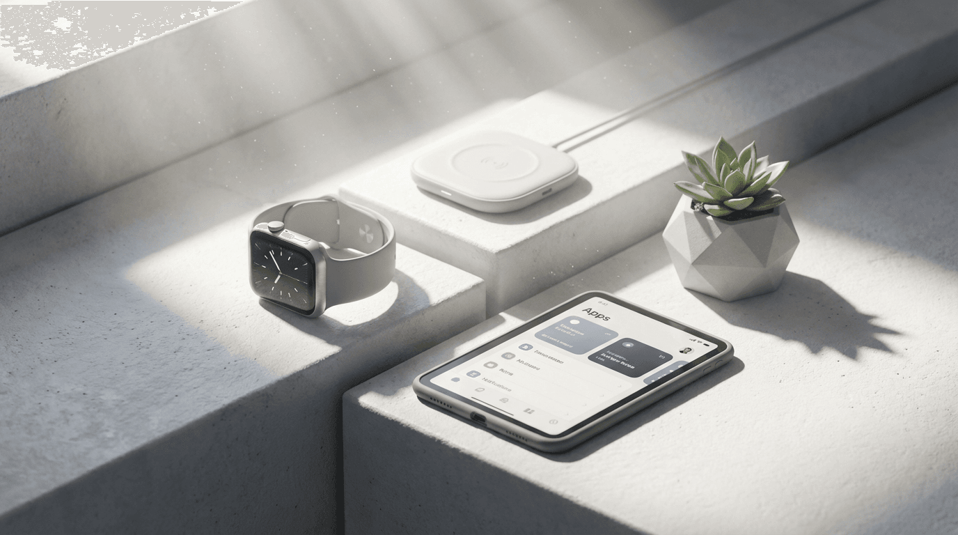 Premium personal technology device on minimalist surface