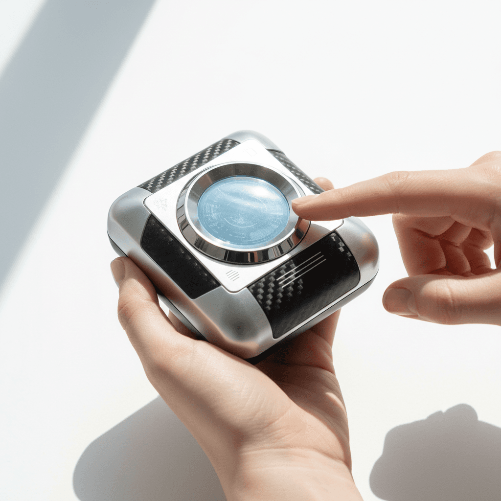 Hands handling a premium eco-friendly tech product with natural lighting